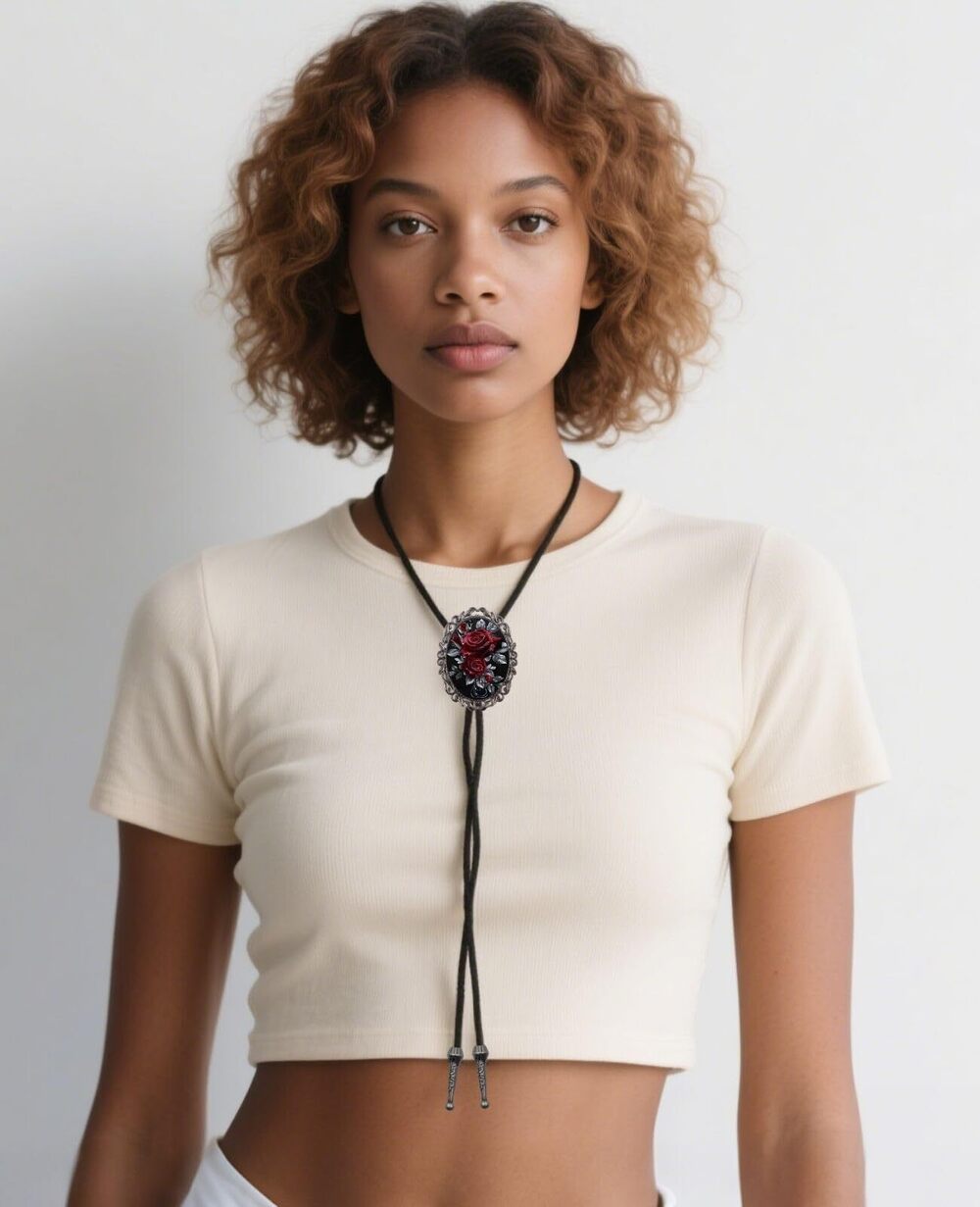 8512 Bolo Tie Flower Rose Western Cowboy Brown Leather Country Style String - Picture 3 of 7